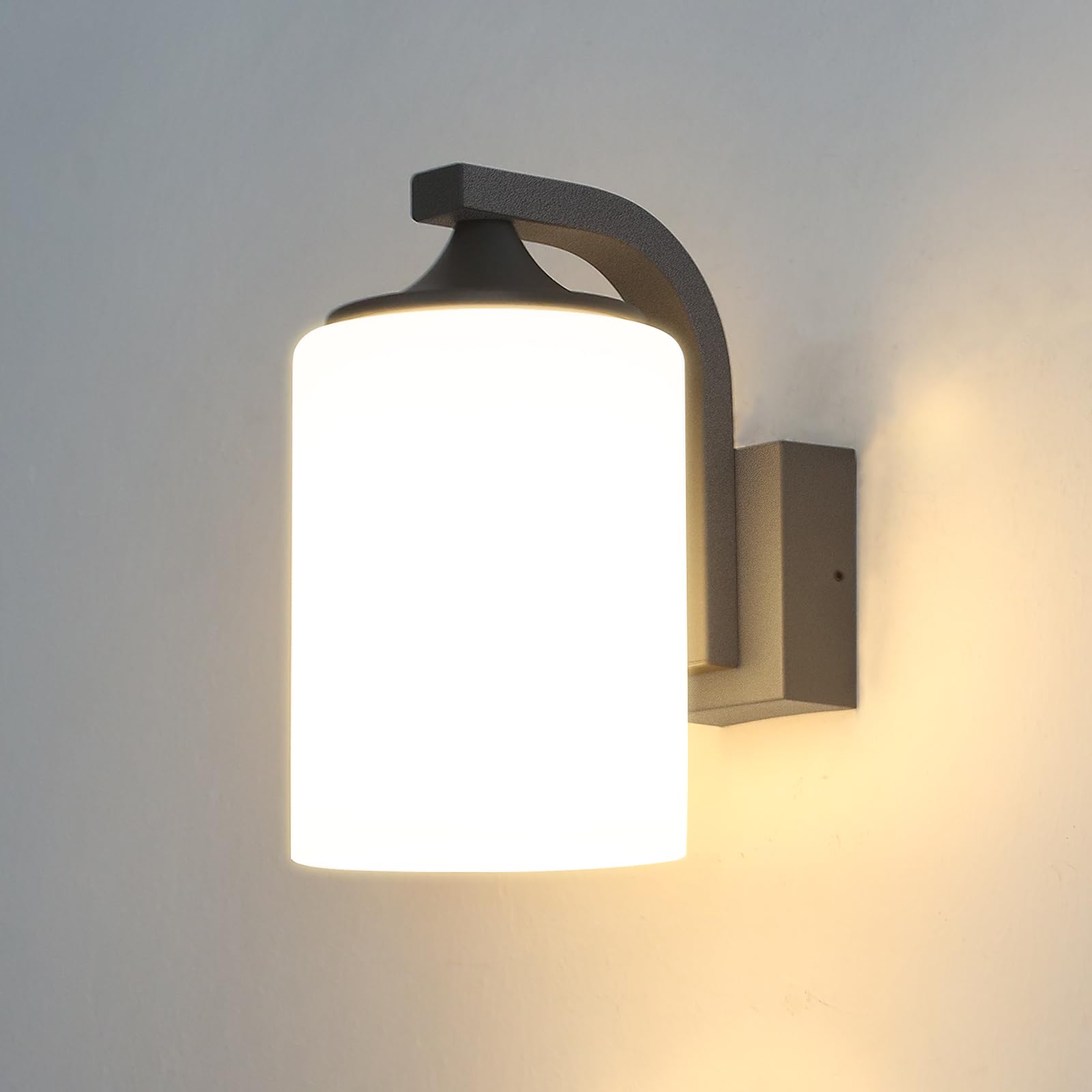 HLFVLITE Outdoor Wall Lantern, Outside Waterproof Wall Light Sconce Fixture, Gray Porch Lights Wall Mounted Lighting with Matte White Shade & E27 Socket for Garage, Garden, Terrace