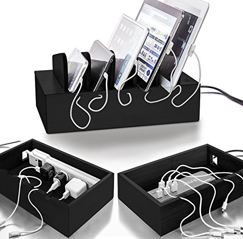 Prosumer's Choice Charging Station for Multiple Devices - 5 Device Charger Organizer for Smartphones and Tablets - Wooden Rack with Removable Dividers - Charging Dock for Work from Home - Black