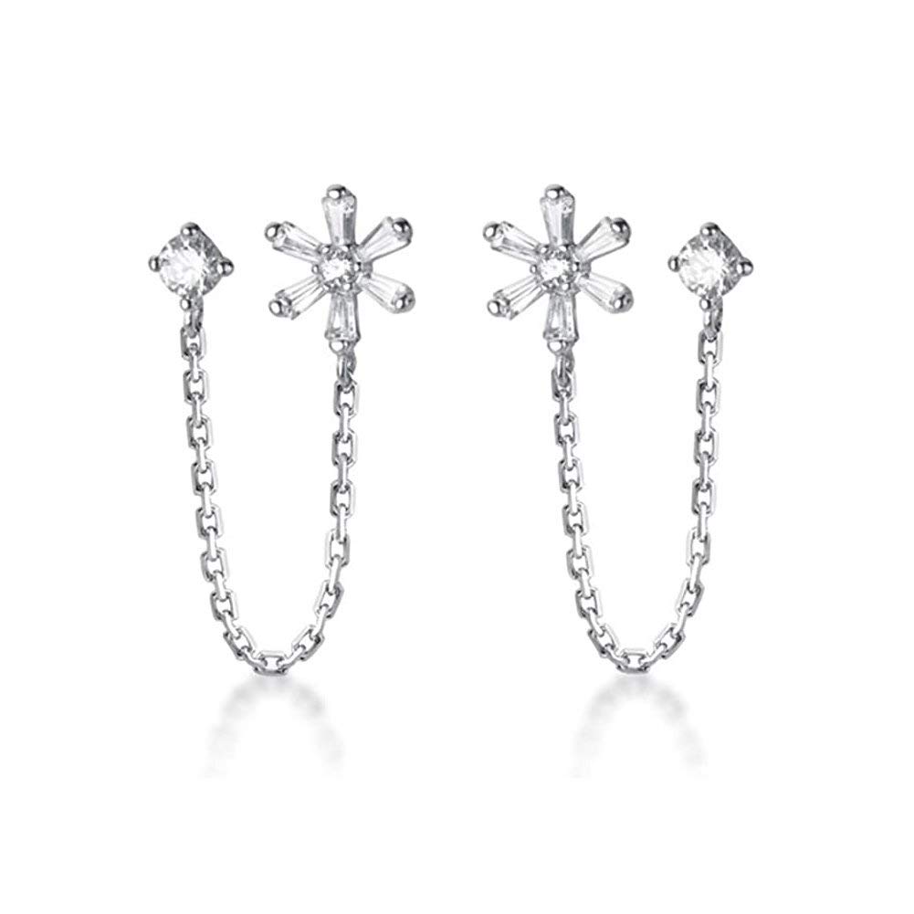 Sweet Flower Stud Earrings S925 Sterling Silver CZ Crystal Rhinestone Tassel Chain Dangle Drop Wedding Earring Fashion Jewelry for Women Girls Two Ear Holes Hypoallergenic