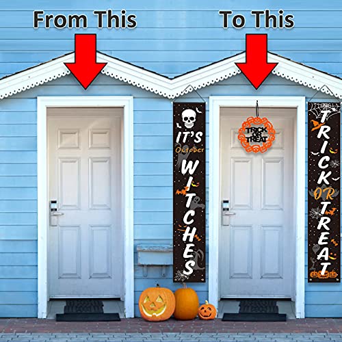 Halloween Decorations Outdoor, 3PCS Icnice Welcome Sign for Front Porch Trick or Treat & It\'s October Witches Banner Indoor Window Fireplace Decor Hanging Flag for Door Garden Yard