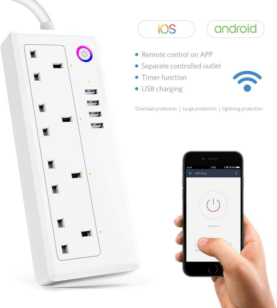 Teepao Smart WiFi Power Strip,4 Gang Socket 4 USB Extension Lead Cord Surge Protector Multi Plug,APP Remote Voice Control with Amazon Alexa Google Home Assistant 1.5m/4.9Ft for Kitchen Office