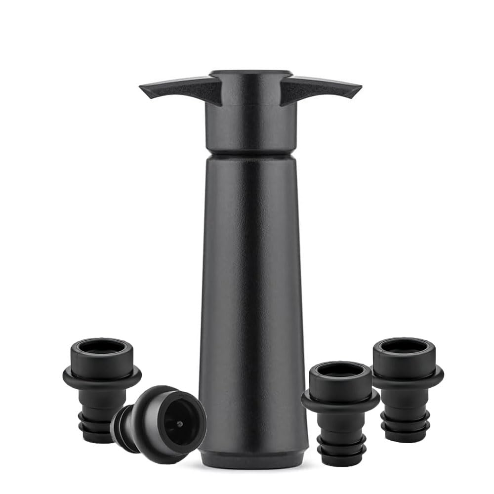 KOMUNJ Wine Pump with Vacuum Stopper, 1 Vacuum Wine Pump, 12.7 * 7.3 * 3.5 cm, with 4 Vacuum Stoppers, Vacuum Wine Pump, Reusable Vacuum Stopper (Black)