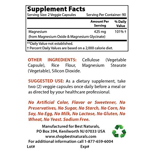 Best Naturals Magnesium 425 mg 180 Veggie Capsules - High Absorption Magnesium Glycinate & Magnesium Oxide Chelated, Non-GMO, Gluten Free Muscle Relax (180 Count (Pack of 1))