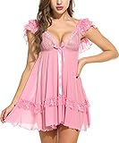 Avidlove Women Sexy Babydoll Two Pieces Nightwear Mesh Lace Lingerie Set Pink XXL
