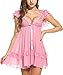 Avidlove Women Sexy Babydoll Two Pieces Nightwear Mesh Lace Lingerie Set Pink XXL