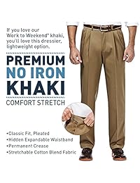 Haggar - Pantalón de corte clásico para hombre, sin hierro, con cintura extensible, plisado