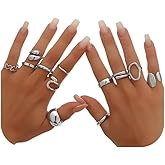 Ofeiyaa 12Pcs Gold Chunky Rings 18K Gold Plated Stackable Open Knuckle Ring Set Hollow Heart Twist Croissant Dome Band Statement Finger Rings for Women Gold Silver Tone Adjustable