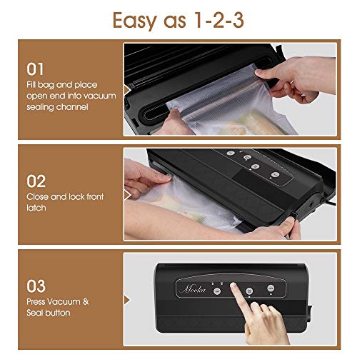 Mooka 96kPa Vacuum Sealer with Built-in Cutter, 10 Sealing Bags (FDA-Certified), 16Liter/min, Fresh UP to 7X Longer, Dry & Moist Modes, with Up to 60 Consecutive Seals, High-Temperature Resistant