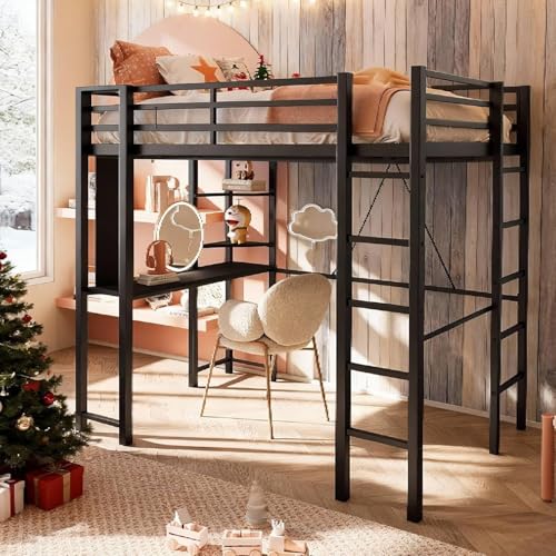 CHAGEE Hogar y Cocina Litera Matrimonial con Escritorio Incorporado | Cama Alta de Metal Sólido para Adultos y Niños | 2 Escaleras Integradas y Barandilla de Seguridad | Estructura Antiruido