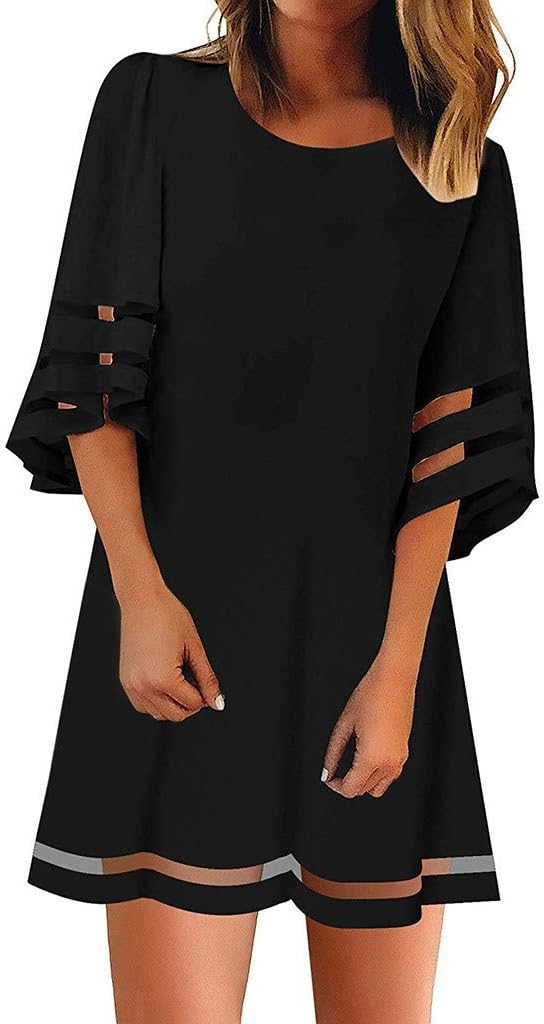 Kulywon Women's O Neck Mesh Panel Blouse 3/4 Bell Sleeve Loose Top Shirt Dress