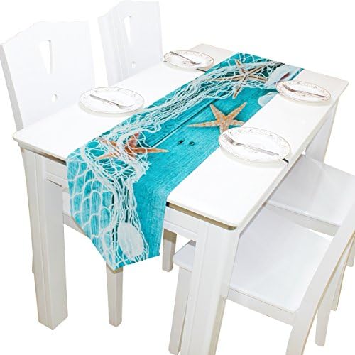 Yochoice Table Runner Home Decor, Stylish Seashells Starfish and Fishing Net on Wooden Desk Table Cloth Runner Coffee Mat for Wedding Party Banquet Decoration 13 x 90 inches