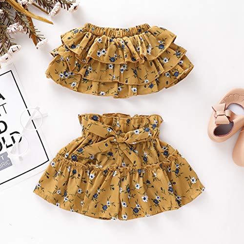 Toddler Baby Girl Yellow Floral Ruffles Off-Shoulder Crop Top + Tutu Shorts Skirts with Bow Belt Clothes Set (Floral Yellow, 18-24 Months)