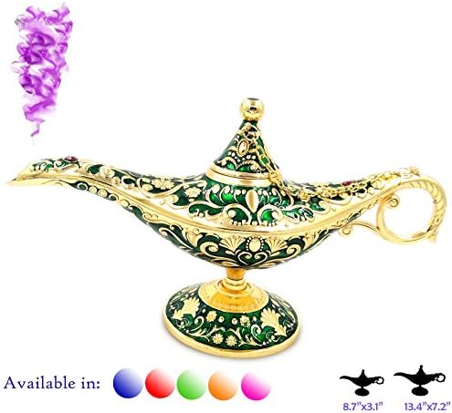 [LARGE - GREEN &amp; GOLD] 13.4"x7.2" Legend Aladdin Magic Genie Light Lamp Pot Classic Color Brass Aladdin Genie Lamps Incense Burners