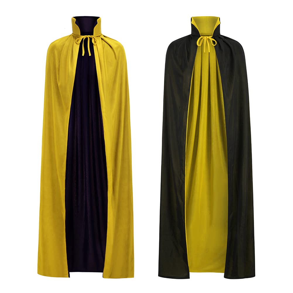 HAPNBCELE Reversible Cape Adults, Medieval Vampire Devil Magician Wizard Cloak Costume Halloween Christmas Masquerade Party (Yellow-Black, 120cm/47.24")