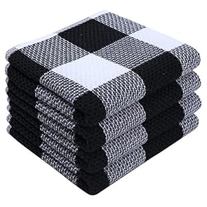 Kitinjoy 100% Cotton Check Plaid Waffle Weave Kitchen Towels, 13 in x 28 in, Super Soft Absorbent Kitchen Dish Towels…