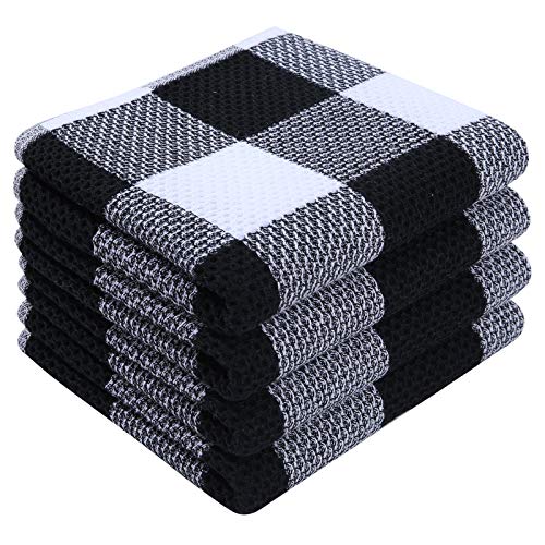 Kitinjoy 100% Cotton Check Plaid Waffle Weave Kitchen Towels, 13 in x 28 in, Super Soft Absorbent Kitchen Dish Towels…