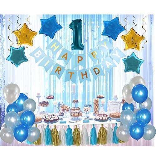 DN Enterprises 1st Birthday Decoration for Boys Girls Kids blue themed Items - 55 Pcs | happy birthday decoration kit | DIY Combo Set