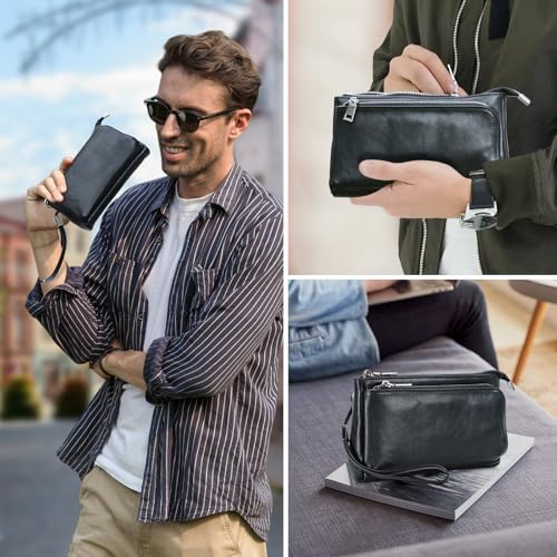 CONTACTS Pochette da viaggio da uomo in vera pelle con cinturino da polso, portafoglio passaporto con cerniera e tasca con cerniera, Portafoglio borsa a mano grande capacità per telefono