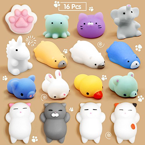 Mochi Squishy, Calans 16 Pcs Mochi Animals Stress Toys Mochi Squishy Toy Soft Squishy Stress Relief Animal Toys Mochi Squeeze Toys Mini Cat Squishies, Random Color