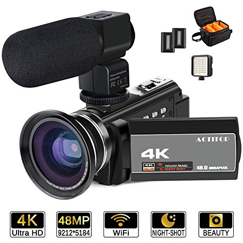 ACTITOP-Videocmara-4K-48-MP-Full-HD-1080p-WiFi-IR-visin-Nocturna-16X-Zoom-Digital-videocmara-con-micrfono-Externo-Lente-Gran-Angular-luz-de-vdeo-LED-y-Bolsa-de-cmara