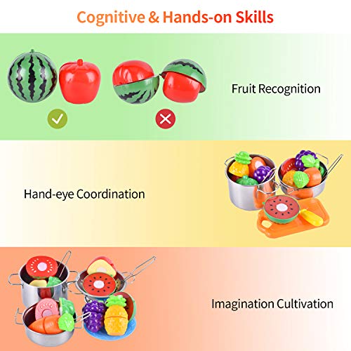 BGdoyz Kitchen Pretend Play Toys with Stainless Steel Cookware Pots and Pans Set, Cooking Utensils, Apron & Sleeve, Cutting Vegetables for Kids, Boys, Girls and Toddler Gifts Educational Learning Tool
