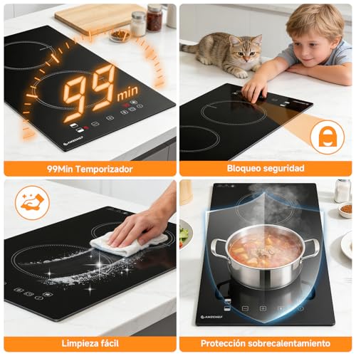 AMZCHEF Induction hob 2 burners with continuous heating, 10 power levels and boost, safety lock and timer, overheat protection, recessed / portable, 3700W