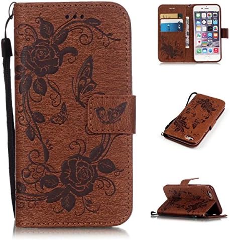 iPhone 6 Plus Case, Kmety Flip Folio PU Leather Kickstand Wallet Purse Case with Wristlet &amp; Credit Card Slots Cash Holder for Apple iPhone 6 6S Plus 5.5 inch£¬Brown Butterfly flowers