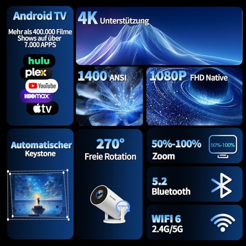 Mini Projector 4K Supports 1080P Full HD Mini Projector with WiFi 6 with BT 5.2, Small Built-in Apps with Automatic Keystone & 270° Rotation, Compatible with HDMI/TV Stick/Laptop, White