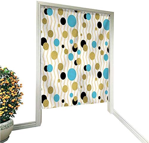 QianHe Noren Style Doorway Curtain Trippy Geometric Circles Dotted Gold Rounds on Zig Zag Lined Background Print Aqua Doorway Curtain Tapestry Modern 33.5" Wx33.5 L