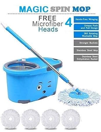 N S ENTERPRISES Mop Bucket Magic Spin Mop Bucket Double Drive Hand Pressure with 4 Micro Fiber Mop Head Household Floor Cleaning & 4 Color May Vary (with Soap Dispenser)