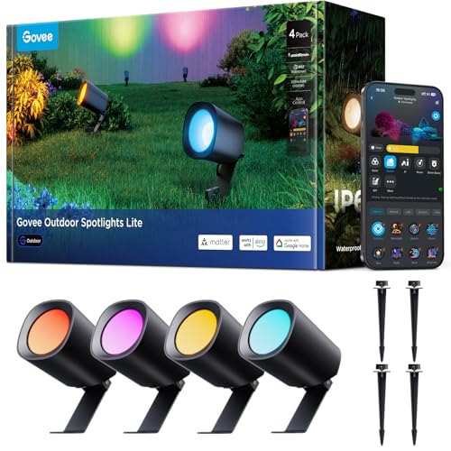 Govee Outdoor Spotlights Lite 4 pack, IP67 Waterproof Spotlights, Landscape Lighting Work with Alexa, Matter and Google Assistant, RGBWIC Color Changing Light for Outdoor Decor, Courtyard, Patio Decor