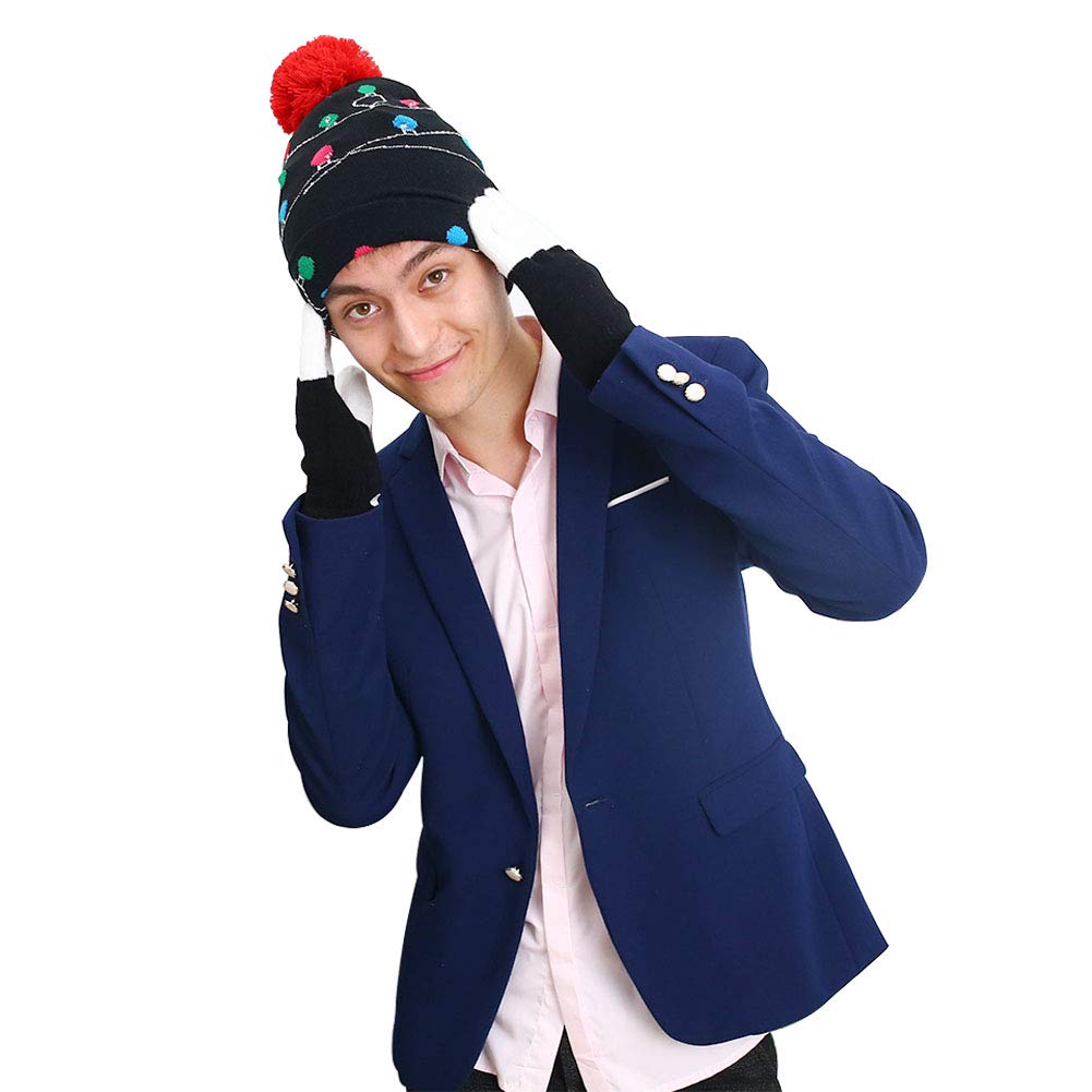 Amor LED Light up Christmas Hat Beanie Knit Cap and LED Gloves Unisex Ugly Sweater Holiday Xmas Accessories