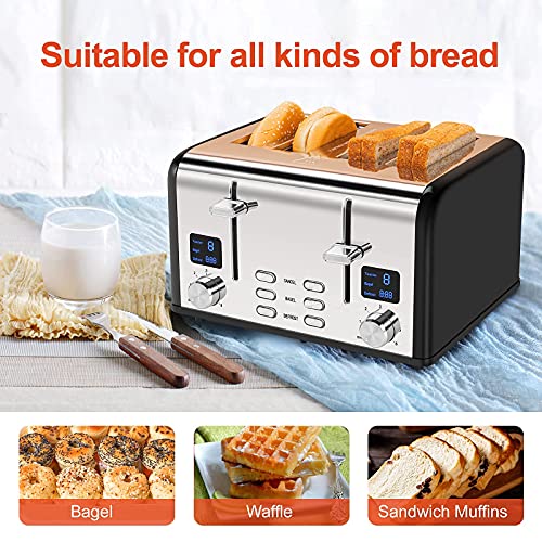 Playoos Toaster 4 Slice, Stainless Steel Toaster with LED Digital Timer