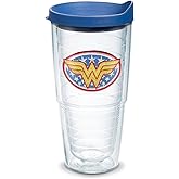Tervis DC Comics Wonder Woman Emblem Made in USA Double Walled Insulated Tumbler Travel Cup Keeps Drinks Cold & Hot, 24oz, Blue Lid
