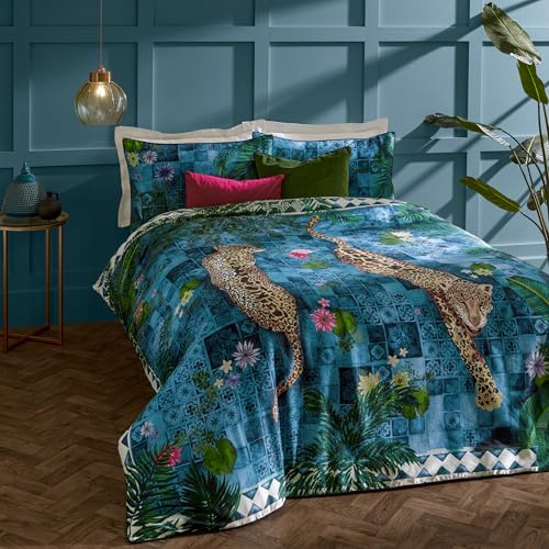 Paoletti Majorelle Duvet Cover Set – Reversible Moroccan Botanical Leopard Piped Edge Luxury Bedding (Azure Blue – King)