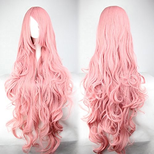 Stylish Women Long Length Wavy Curly Hair Wig with Full Bangs Cosplay (Pink) COSL1003