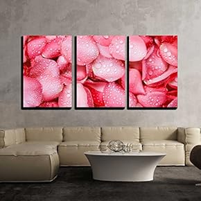 3 Piece Canvas Wall Art - The Fresh red Rose Petal Background with Water rain Drop - Modern Home Art Stretched and Framed Ready to Hang - 16"x24"x3 Panels