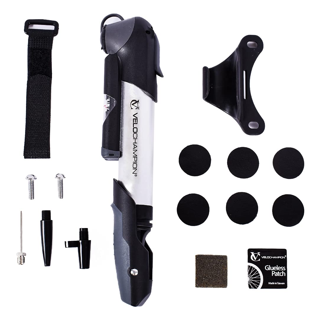 VeloChampion Mini Bike Pump with Frame Mount | Portable Compact Alloy Bicycle Pump with Frame Mount | Presta, Schrader & Dunlop Valves (Alloy 9 Pump + Repair Patches)