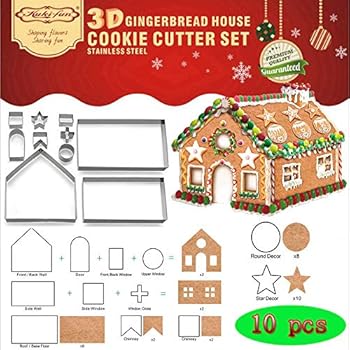 (Set of 10) Gingerbread House Cookie Cutter Set, Bake Your Own Small Christmas House Kit, Chocolate House, Haunted House, Gift Box Packaging