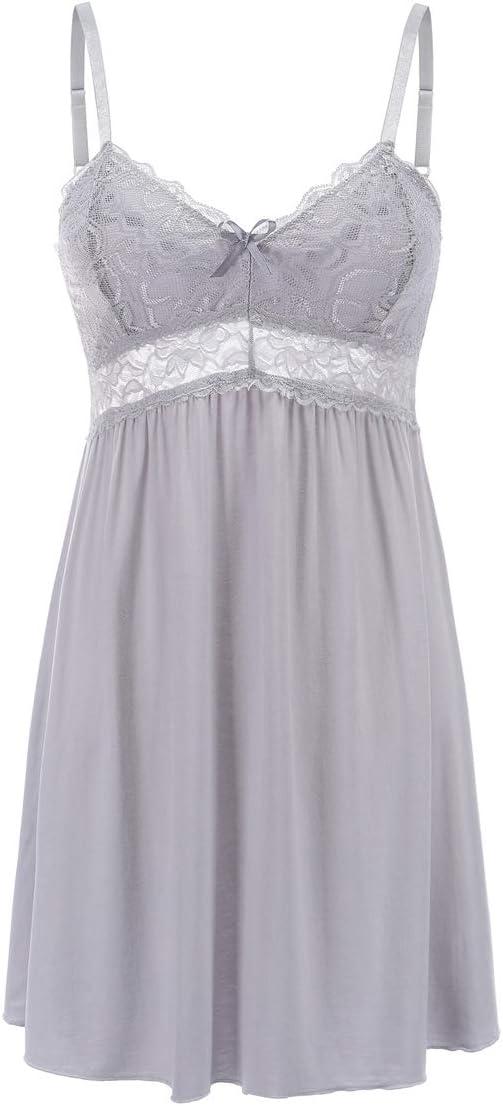 IntreS Women Modal Lace Lingerie Chemises V-Neck Full Slip Babydoll Nightgown Dress Lounge Sleepwear