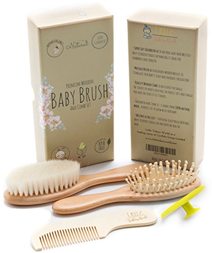 Wooden Baby Hair Brush and Comb Set (4-Piece) for Newborns and Toddlers | Ideal for Baby Cradle Cap | Wood Bristles Baby Massage and Scalp Brush | Perfect for Baby Registry Gift Set