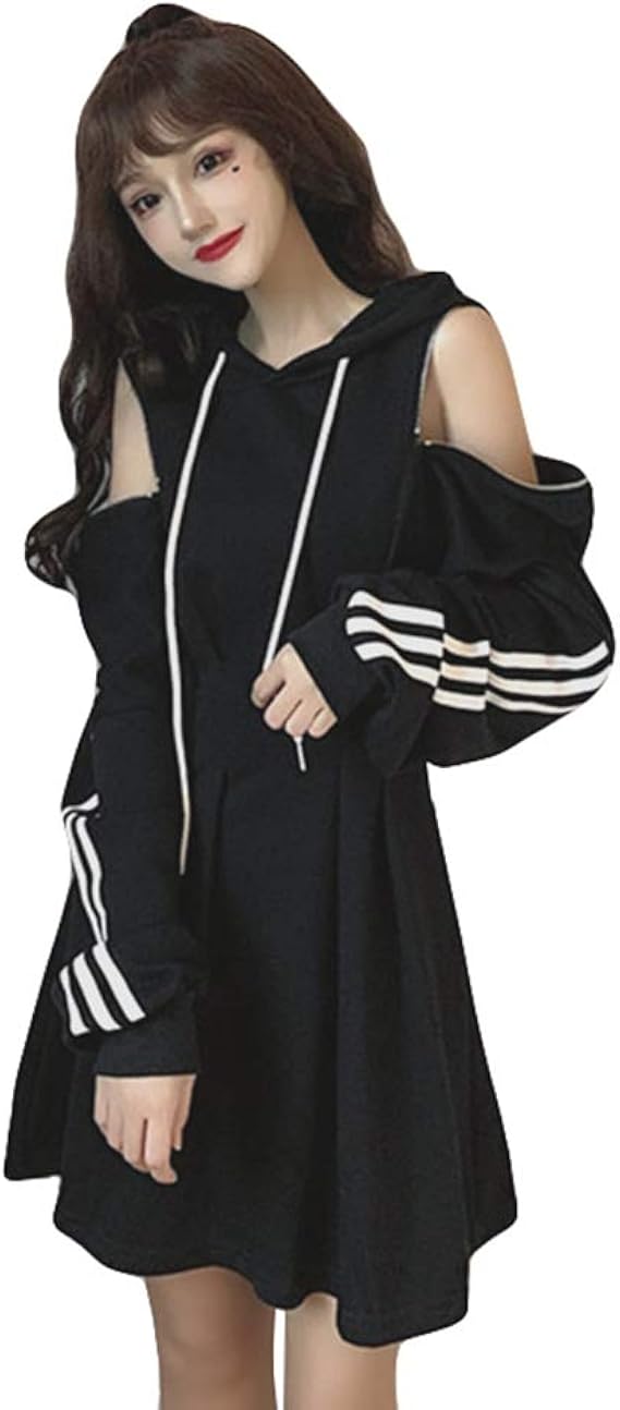 Amazon Co Jp Ksila レディース ワンピース 長袖 フード付き パーカーワンピース ミニ オフショルダー パーカー 2way 肩出し 韓国ファッション フレアワンピース 可愛い ショートワンピース 黒 服 ファッション小物