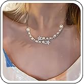 Xduargs Boho Crystal Pearl Necklace Choker Vintage Pearl Star Choker Necklace Shiny Cz Star Chain Necklace Wedding Bridal Pearl Chain Necklace for Women