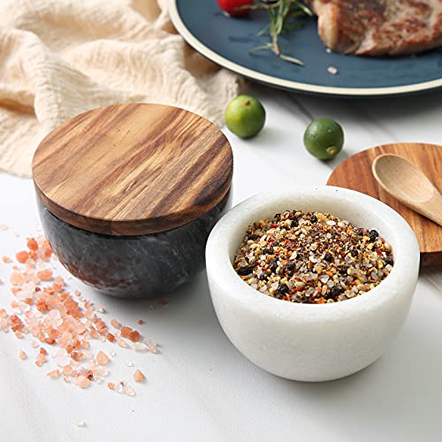 jalz jalz Marble Salt and Pepper Bowls Salt Box Salt Cellar Set Wood