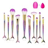12PCS Makeup Brush Set, 10PCS Professional Mermaid Makeup Brushes + 1PCS Brush Egg + 1PCS Silicone Sponge for Foundation Eye Shadow Eyebrow Eyeliner Blush Powder or Creams