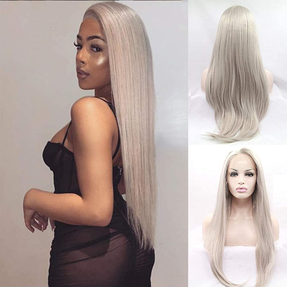 Best Silver Platinum Blonde Lace Front Wigs for Women Long Natural Straight Synthetic Blonde Lace Wig with Baby Hair 24inches Glueless Heat Resistant Fiber Hair Costume Halloween Summer Wig