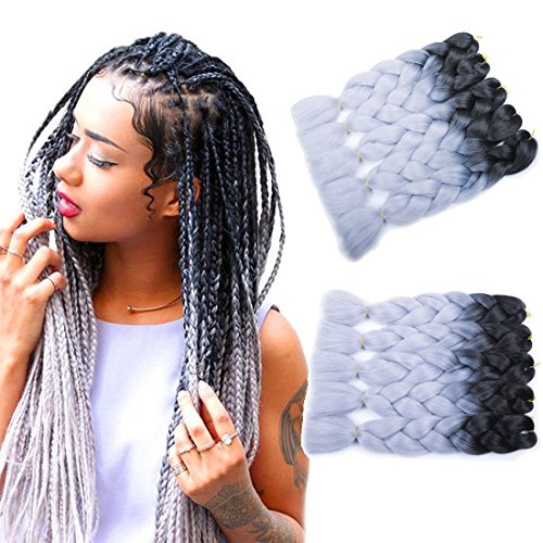 MSHAIR Ombre Jumbo Braiding Hair Extension Synthetic Kanekalon Fiber for Twist Braiding Hair Black Silver Gray Color 24 Inch 5 Pieces/lot