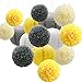 KAXIXI Hanging Party Decorations Set, 15pcs Yellow Gray White Paper Flowers Pom Poms Balls and Paper Lanterns for Wedding Birthday Bridal Sunshine Baby Shower Graduation