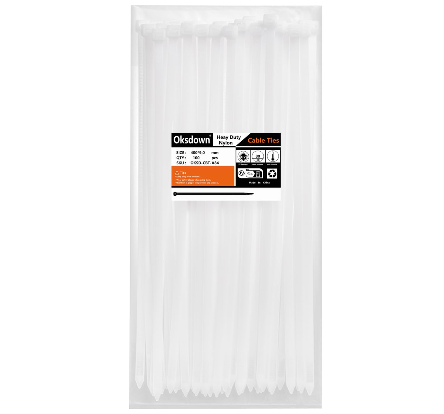 Oksdown 100 Pack White Thick Cable Ties Heavy Duty Large 400mm×9.0mm Strong Nylon Plastic Self Locking 16 inch/40 cm Extra Long Clear Zip Tie Wraps