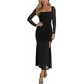 Hocuos Women's Spring Long Sleeve Square Neck Mesh Ruched Bodycon Maxi Dresses Split Cocktail Wedding Guest Long Dress